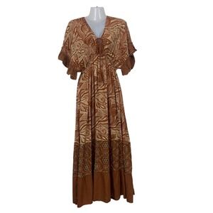 Zury Women's Brown Bohemian Eyelet Embroidered Romantic Flowy Maxi Dress Resort